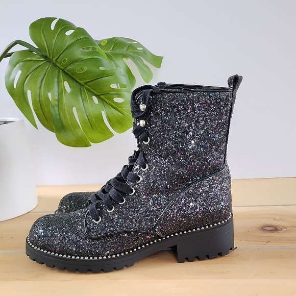 Portland Boot Company "Private" Combat Lace-up Boot​ Blk w/MultiColor Glitter 10 - Picture 1 of 13